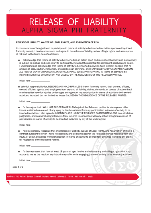 Release Of Liability - Alpha Sigma Phi Printable pdf