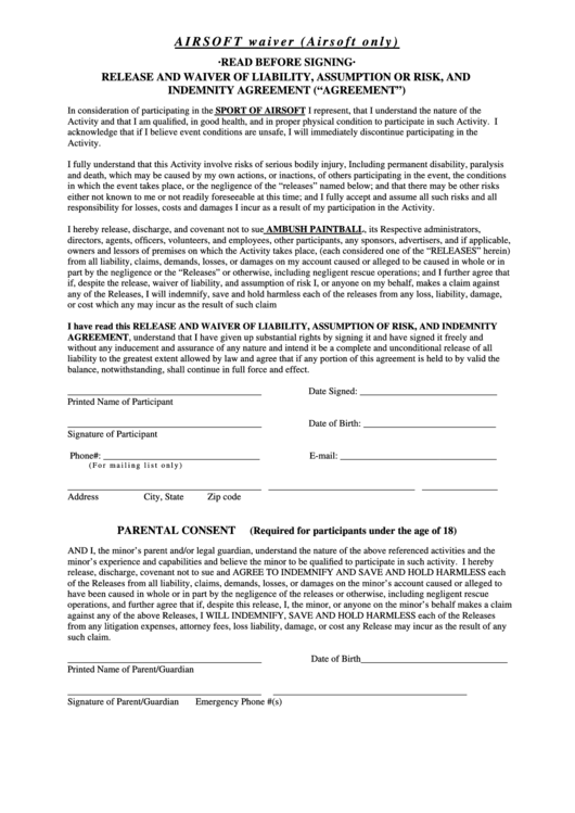 Airsoft Waiver (Airsoft Only) Form Printable pdf
