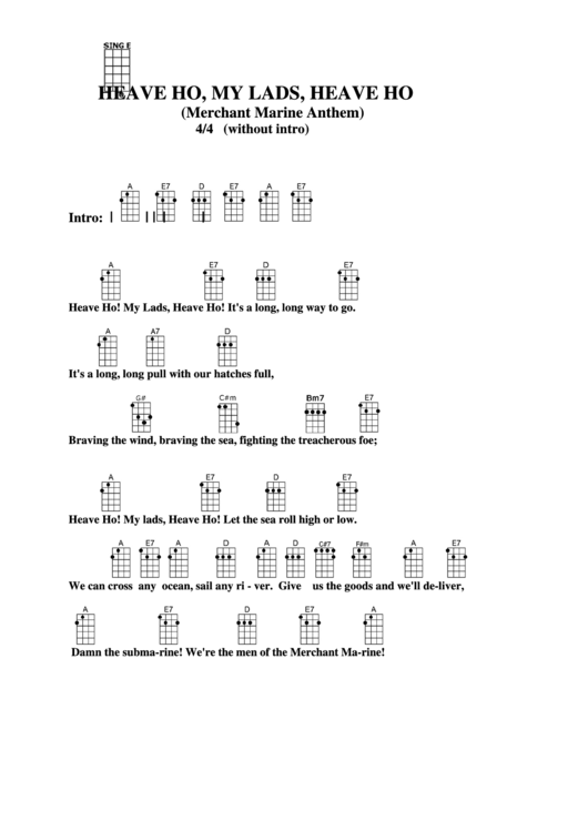 Heave Ho, My Lads, Heave Ho (Merchant Marine Anthem) Chord Chart Printable pdf