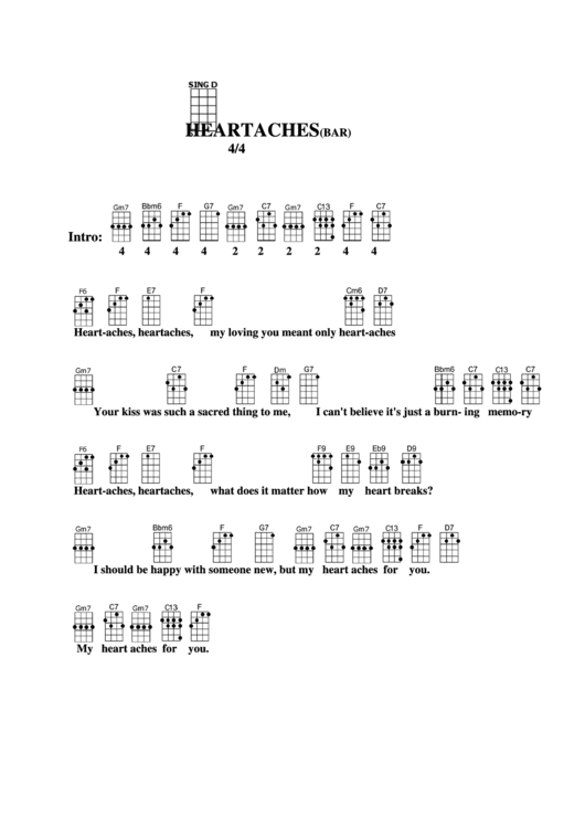 Heartaches (Bar) Chord Chart Printable pdf