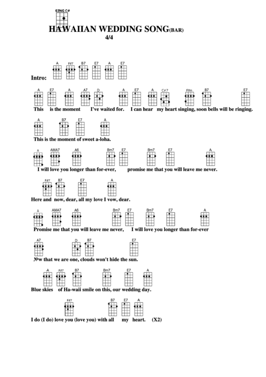 Hawaiian Wedding Song (Bar) Chord Chart Printable pdf