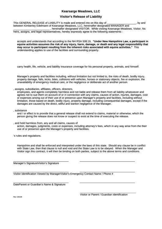 Sample Release Of Liability - Kearsarge Meadows Printable pdf