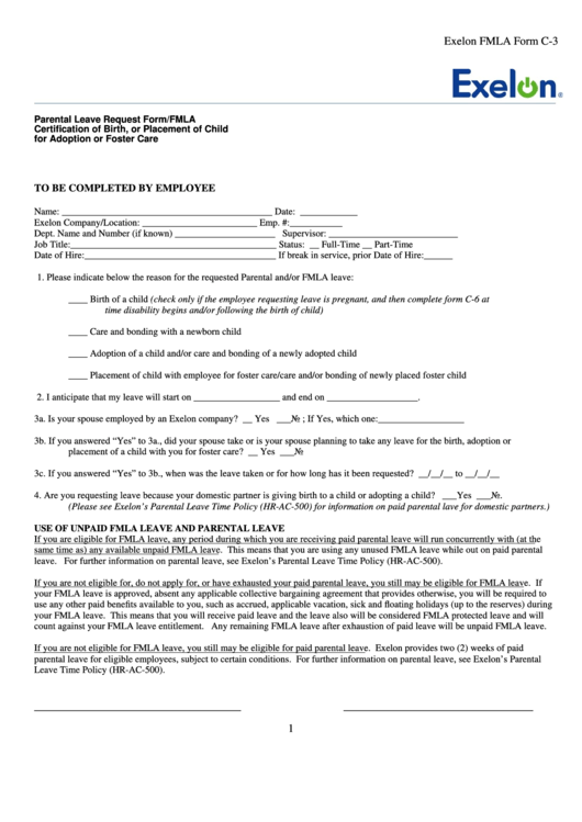 Fillable Exelon Parental Leave Request Form/fmla Certification Of Birth, Or Placement Of Child For Adoption Or Foster Care Printable pdf