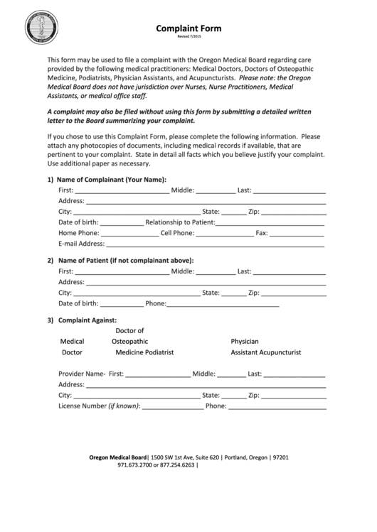 Complaint Form Printable pdf