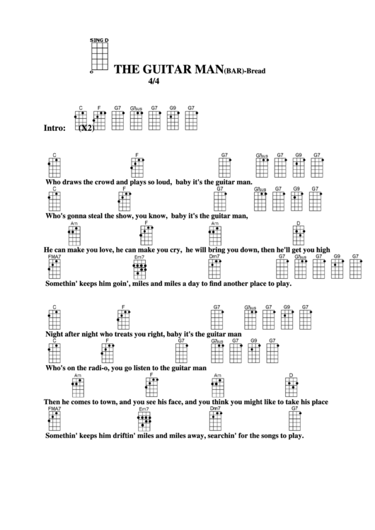 The Guitar Man (Bar) - Bread Chord Chart Printable pdf