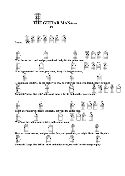 The Guitar Man - Bread Chord Chart Printable pdf