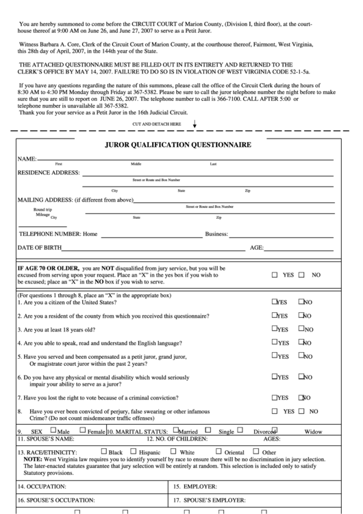 Juror Qualification Questionnaire printable pdf download
