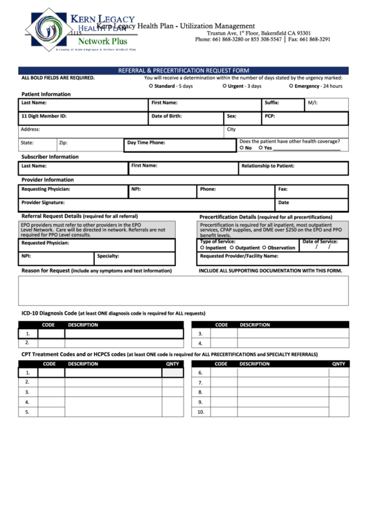 Referral Prior Authorization Form - Kern Legacy Health Plan Printable pdf