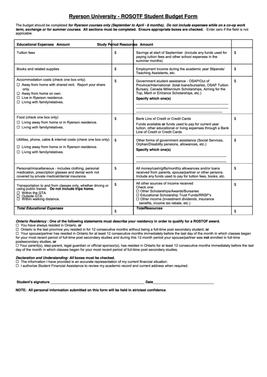 Rosotf Student Budget Form - Ryerson University Printable pdf