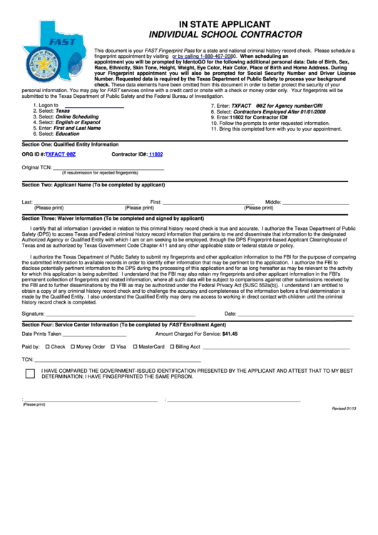 Request For Fingerprint Service Form - In State Applicant Individual School Contractor Printable pdf