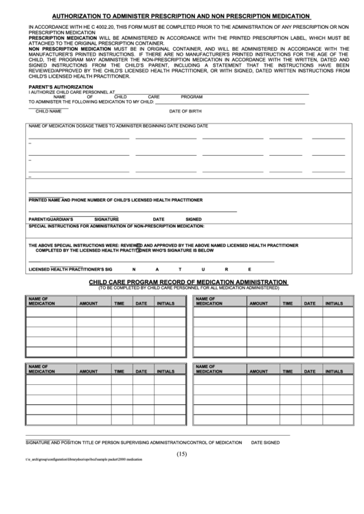 Authorization To Administer Prescription And Non Prescription Medication Template Printable pdf