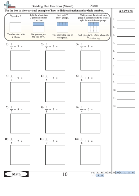 Dividing Unit Fractions (Visual) Worksheet With Answer Key printable
