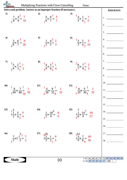 Multiplying Fractions With Cross Cancelling Worksheet printable pdf