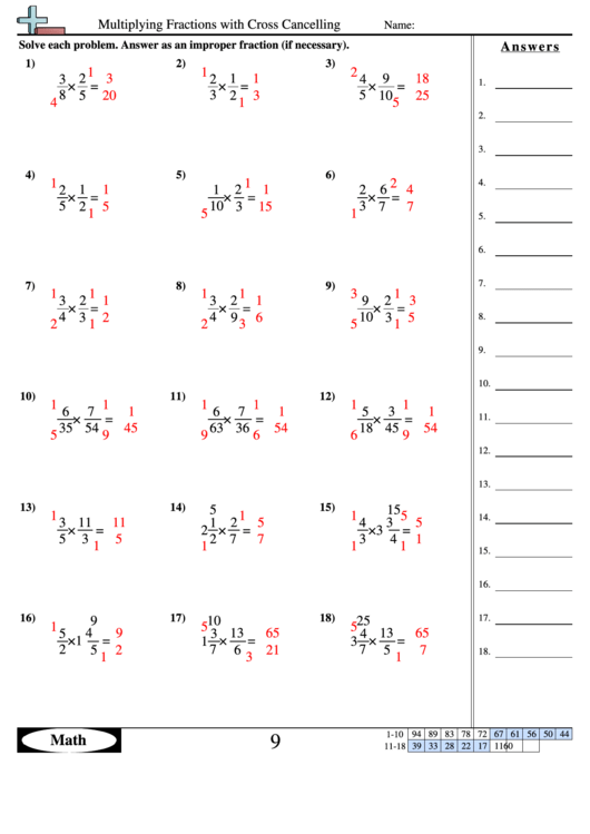 Multiplying Fractions With Cross Cancelling Worksheet printable pdf