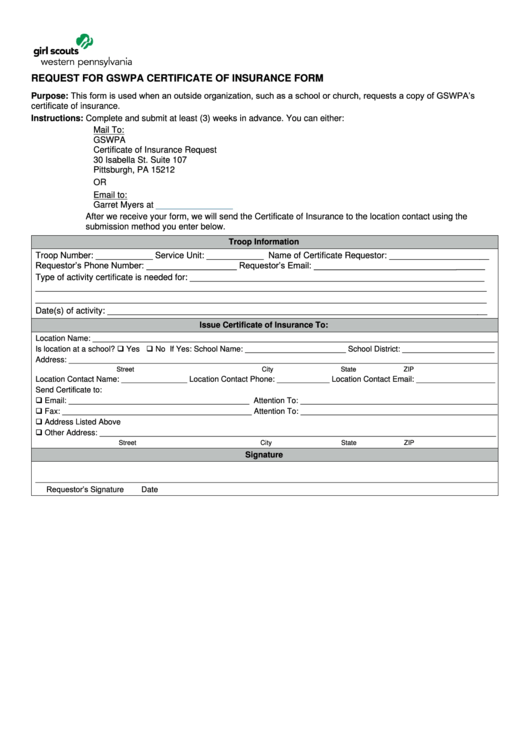 Request For Gswpa Certificate Of Insurance Form