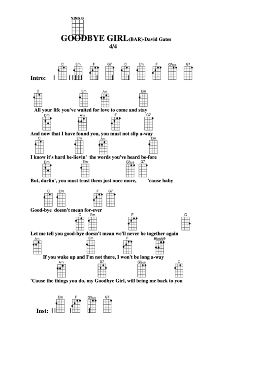 Goodbye Girl (Bar) - David Gates Chord Chart Printable pdf