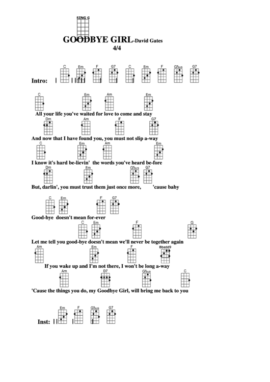 The Goodbye Girl - David Gates Chord Chart Printable pdf