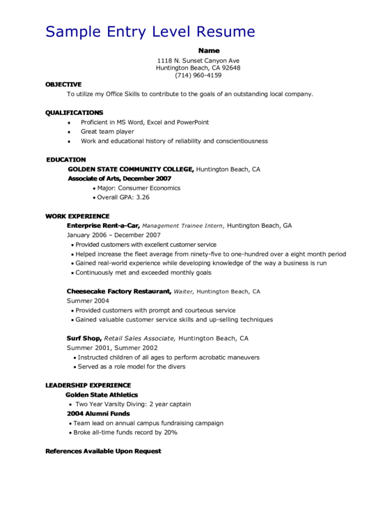 Sample Entry Level Resume Printable pdf