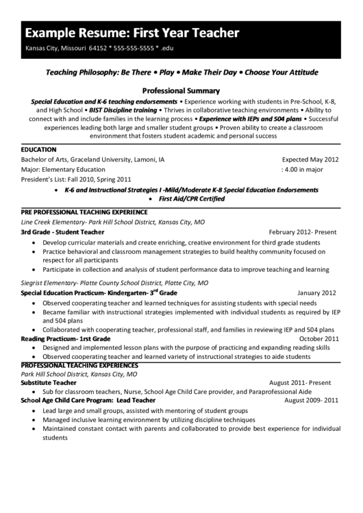 Example Resume: First Year Teacher Printable pdf