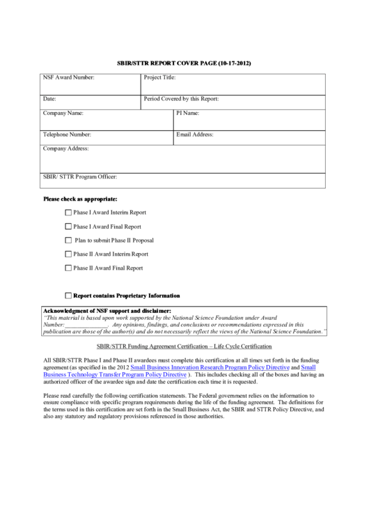 Fillable Sbir/sttr Report Cover Page Printable pdf