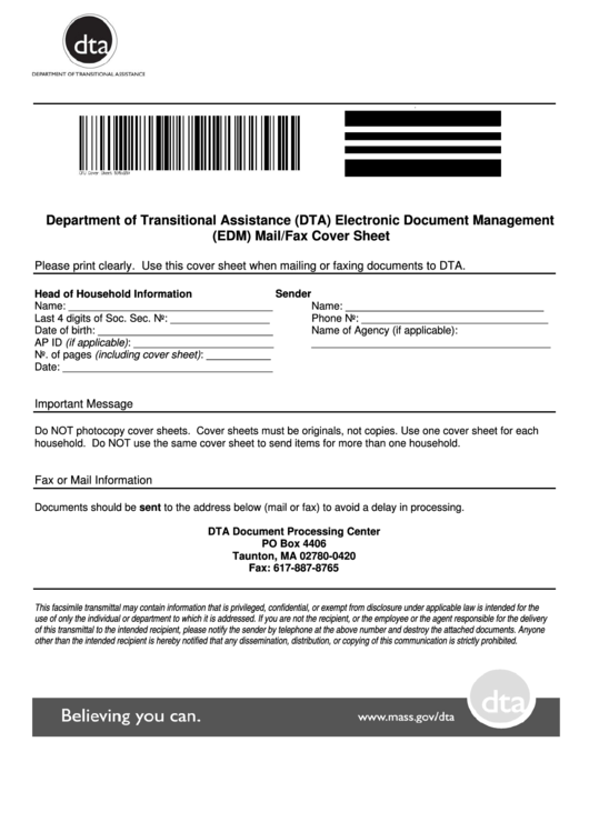 (Edm) Mail/fax Cover Sheet - Department Of Transitional Assistance (Dta) Electronic Document Management Printable pdf