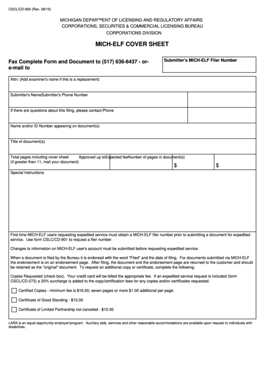 Fillable Form Cscl/cd-900 - Mich-Elf Cover Sheet - Michigan Department Of Licensing And Regulatory Affairs Printable pdf