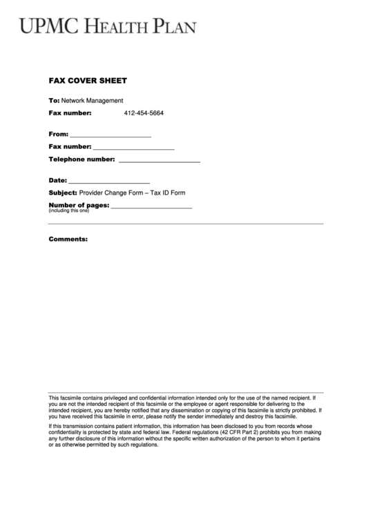 Fillable Fax Cover Sheet - Upmc Health Plan, Form W-9 - Request For Taxpayer Identification Number And Certification - Department Of Treasury Printable pdf