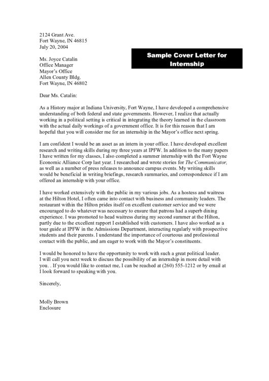 Sample Cover Letter For Internship Printable pdf