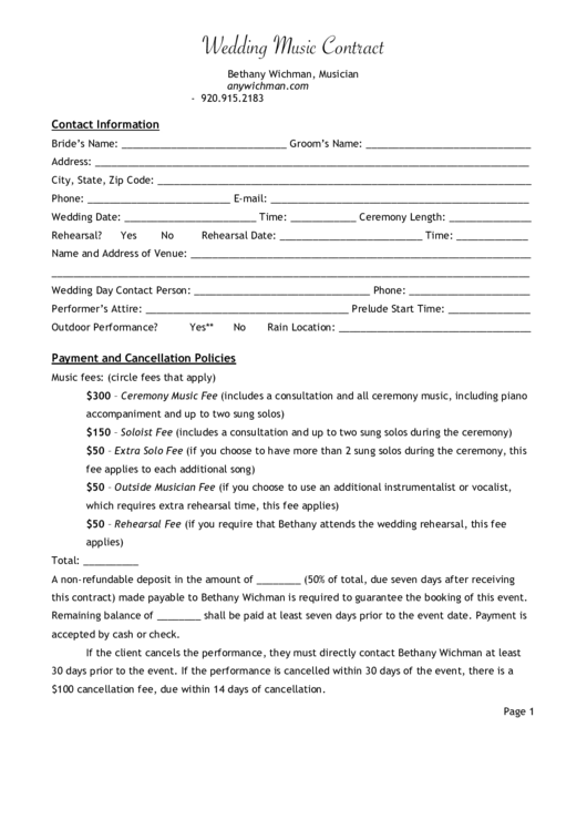 Wedding Music Contract Printable pdf