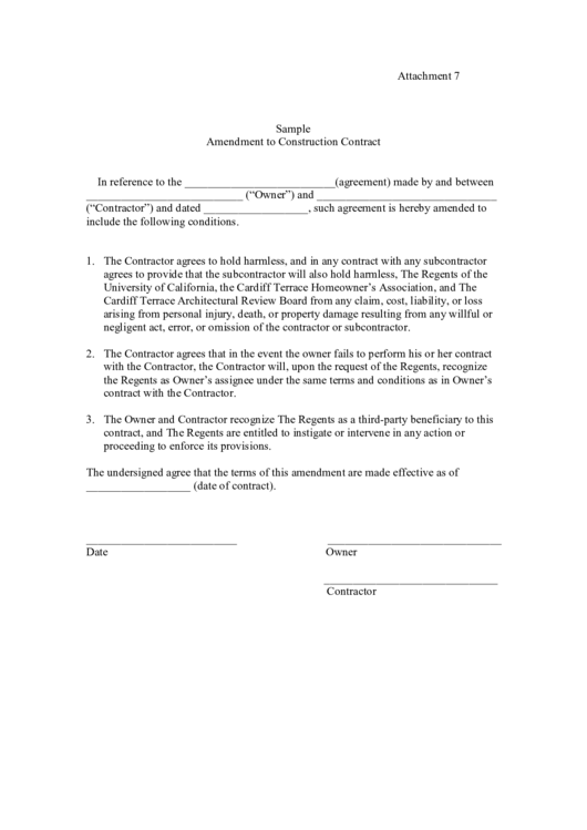 Sample Amendment To Construction Contract Printable pdf