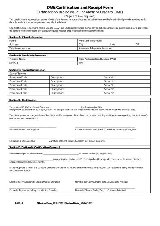 Dme Certification And Receipt Form