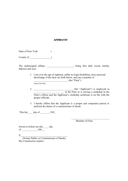Sworn Affidavit (State Of New York) Printable pdf