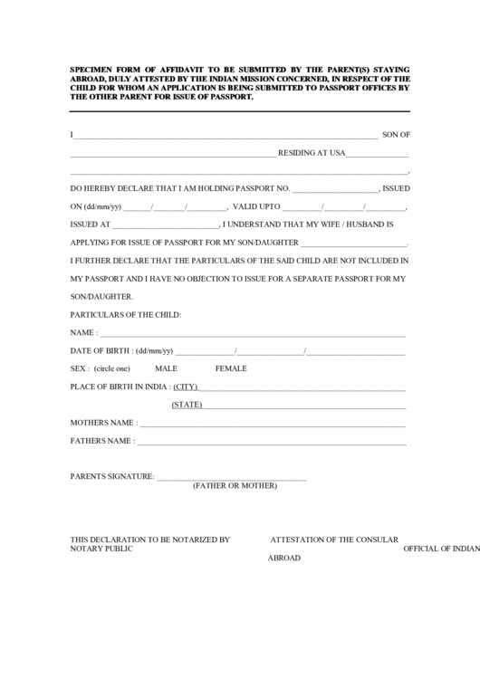 Specimen Form Of Affidavit To Be Submitted By Parent(S) Staying Abroad Printable pdf