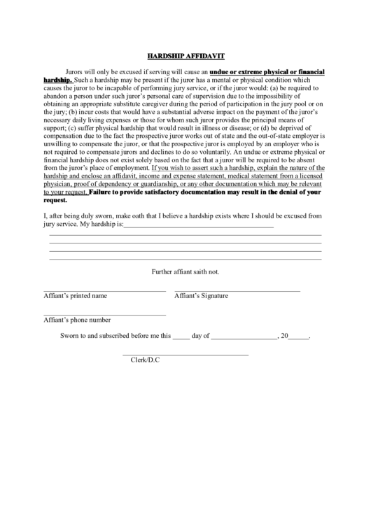 Hardship Affidavit Printable pdf