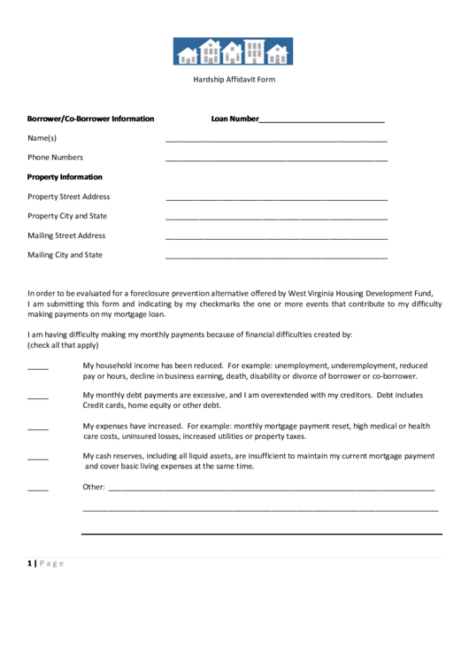 Hardship Affidavit Form Printable pdf