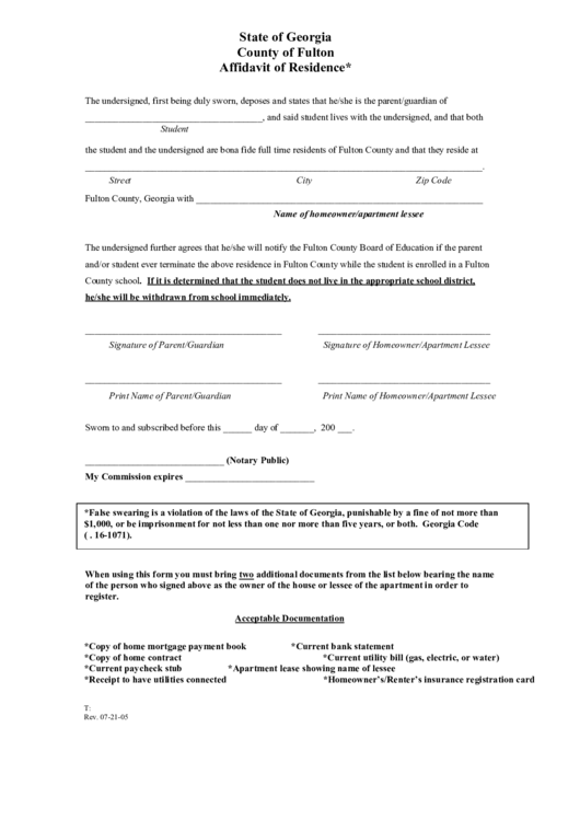 State Of Georgia County Of Fulton Affidavit Of Residence Printable pdf