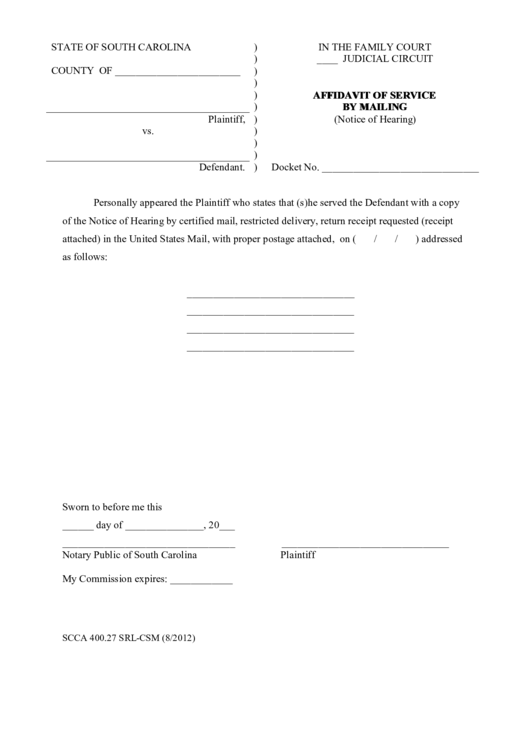 Affidavit Of Service By Mailing Form Printable pdf