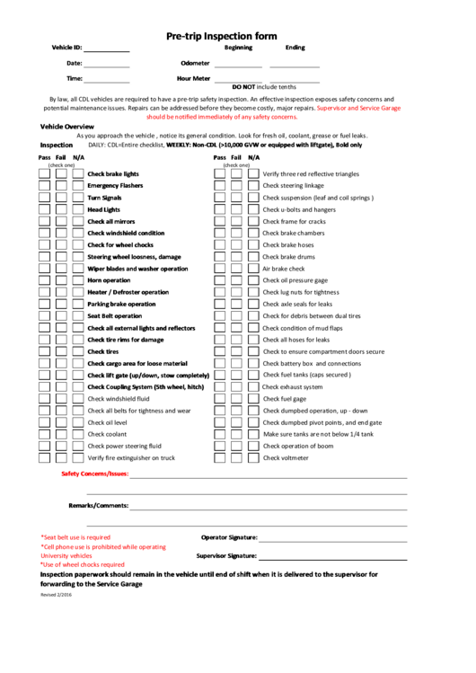 Pre Trip Inspection Checklist Class B Fill Online Printable Porn Sex