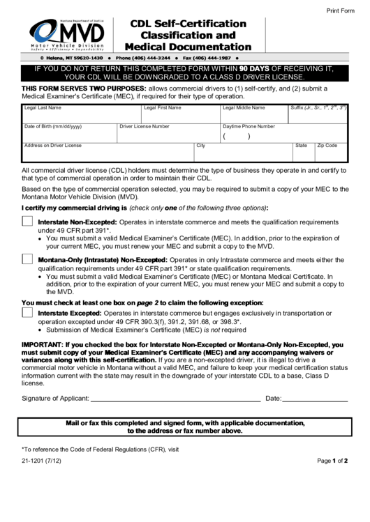 Fillable Cdl Self Certification Printable Pdf Download