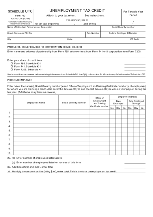 Fillable Unemployment Tax Credit Kt 740 Printable pdf
