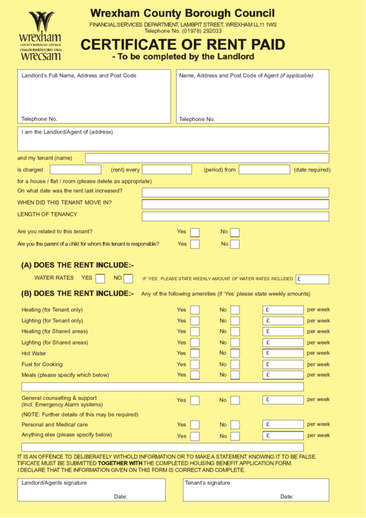 Certificate Of Rent Paid Printable pdf