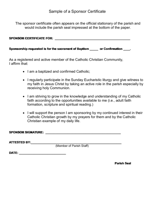 Sample Of A Sponsor Certificate Printable pdf