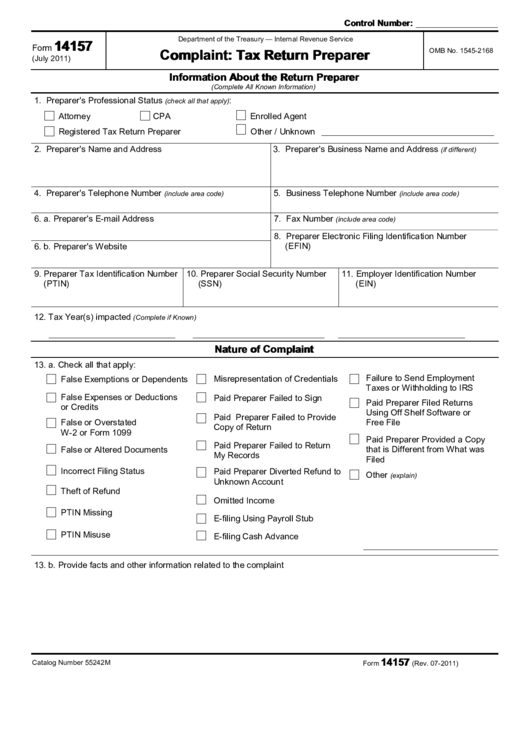 Fillable Form 14157 - Complaint: Tax Return Preparer Printable pdf