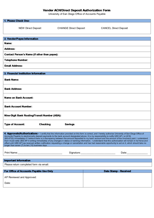 Fillable Vendor Ach/direct Deposit Authorization Form printable pdf ...