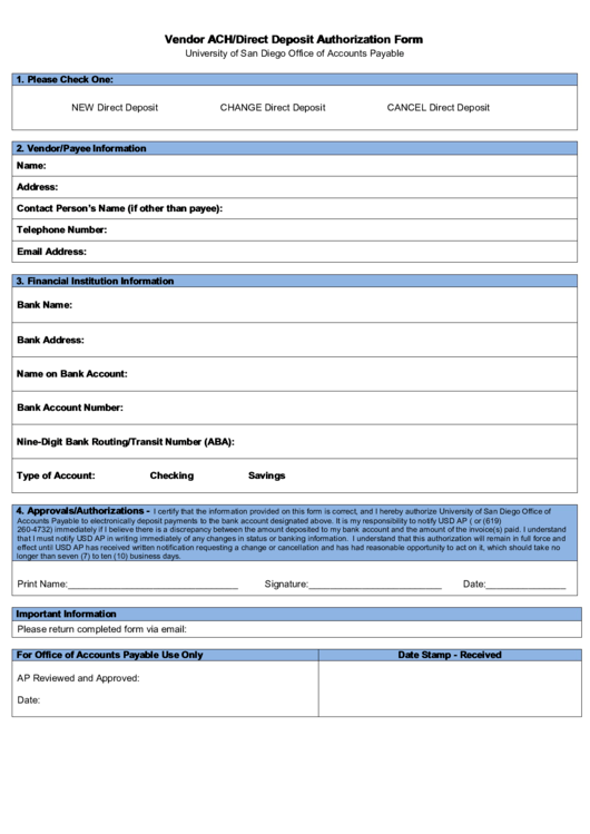 Fillable Vendor Ach direct Deposit Authorization Form Printable Pdf Download