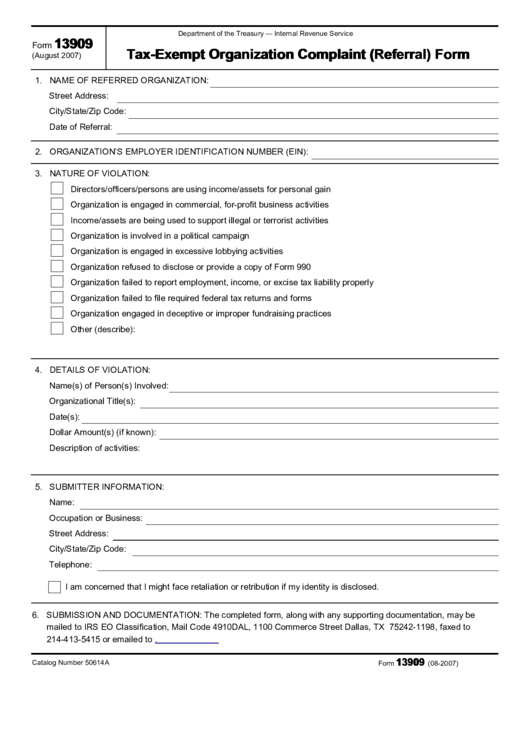 Fillable Form 13909 - Tax-Exempt Organization Complaint (Referral) Form Printable pdf