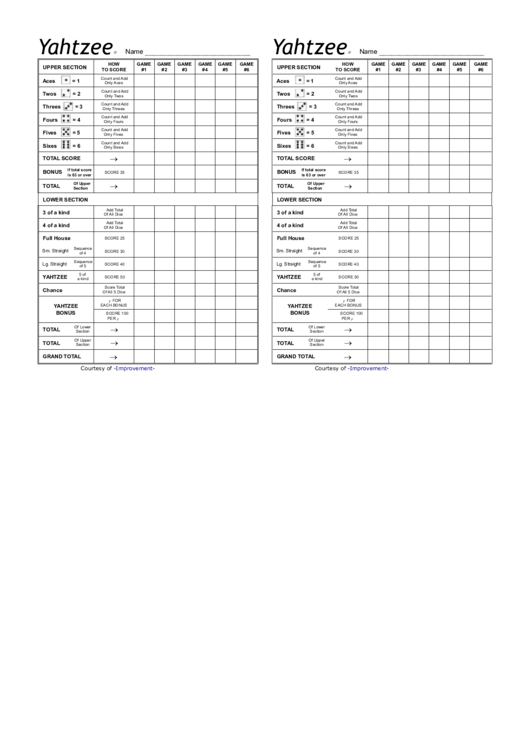 Yahtzee Scoring Sheet Template Printable pdf