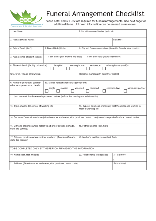 Eco Funeral Arrangement Checklist Printable pdf