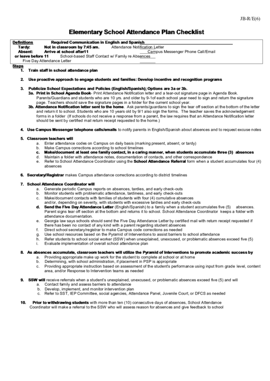 Elementary School Attendance Plan Checklist Printable pdf