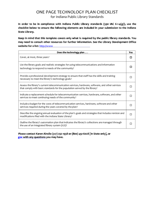 One Page Technology Plan Checklist Printable pdf